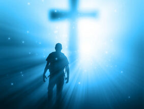 a man walking towards a cross with sunbeams HmWm1kzgA thumb