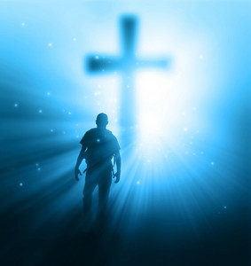 a man walking towards a cross with sunbeams HmWm1kzgA thumb