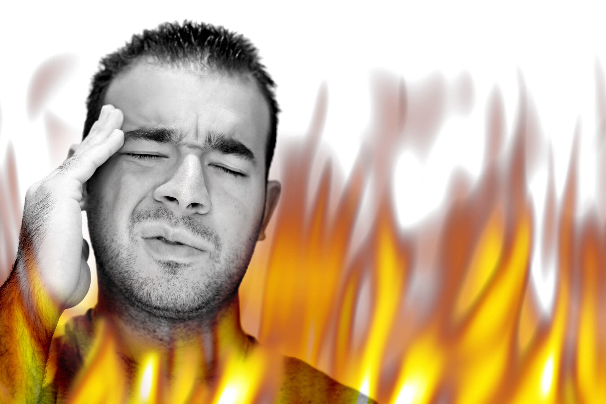 a man experiencing pain and suffering with hot fiery flames burning around him Htq z9RHi scaled