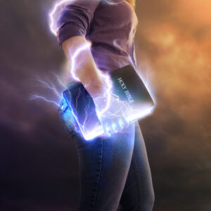 a woman holds her bible with glowing lights and lightning strikes S7tcG1zgC