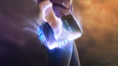 a woman holds her bible with glowing lights and lightning strikes S7tcG1zgC