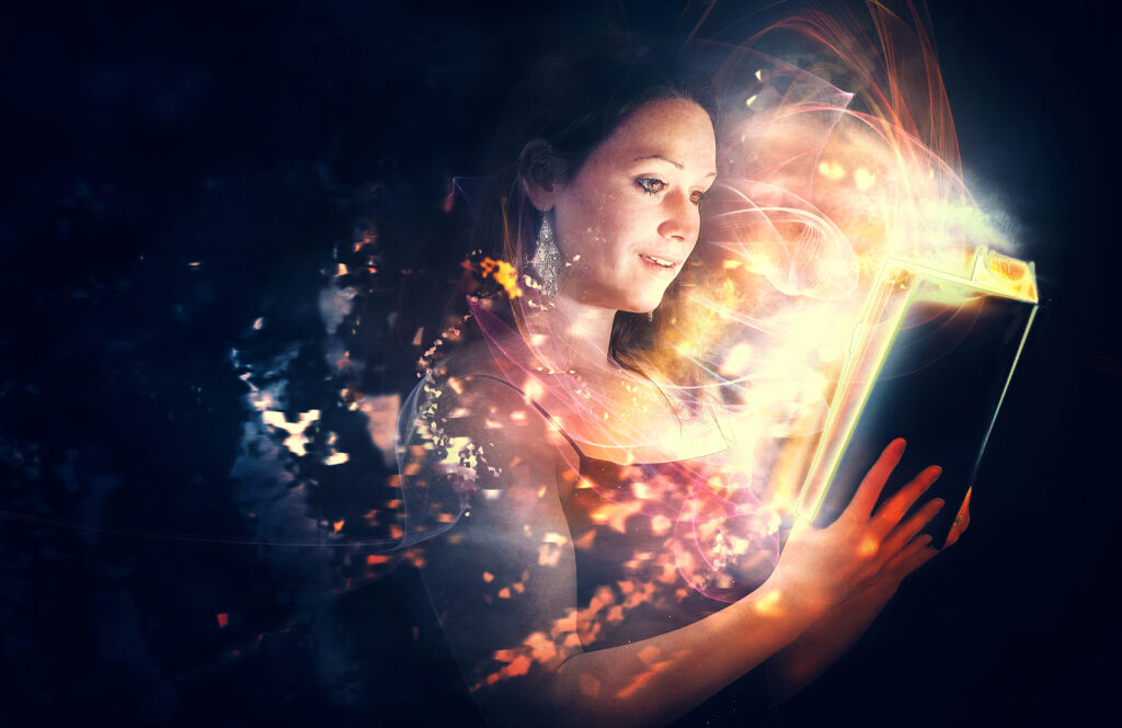 a woman reads a bible with brilliant glowing lights rQjq0 g0