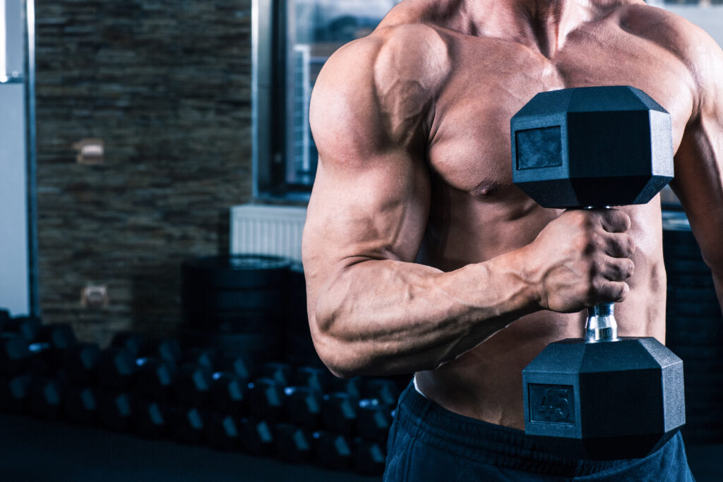 closeup image of a muscular man workout with dumbbell SK98JCBj
