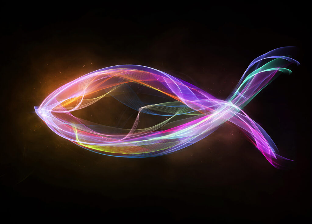 colorful christian fish logo with abstract lights rQ4IxJMxC