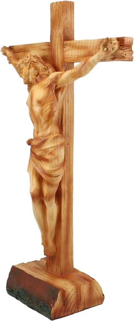 Ebros Large 15.25 Tall Jesus Christ With Crown Of Thorns Crucified On The Cross Desktop Plaque Statue Crucifix Crosses Sculpture in Faux Oak Wood Like Finish Resin Catholic Christian Home Decor