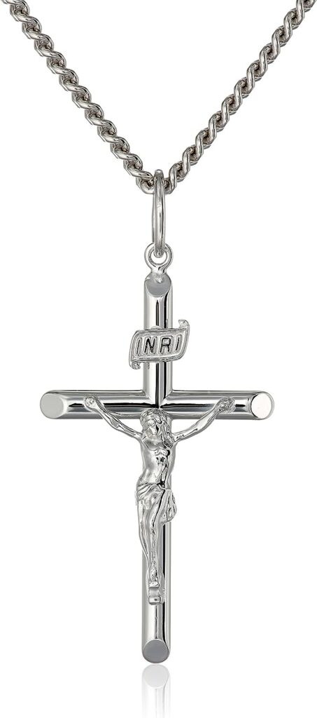 Amazon Collection Mens Sterling Silver Crucifix Pendant Necklace with Stainless Steel Chain, 24