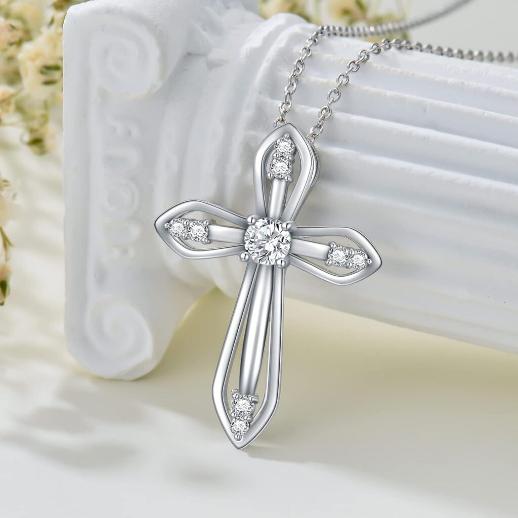 WTYIM Moissanite Diamond Cross Necklace for Women 18K White Gold Plated Silver Crucifix Infinity Cross Pendant Necklace Faith Jewelry Birthday Christmas Gift for Her, 18+2 Inch