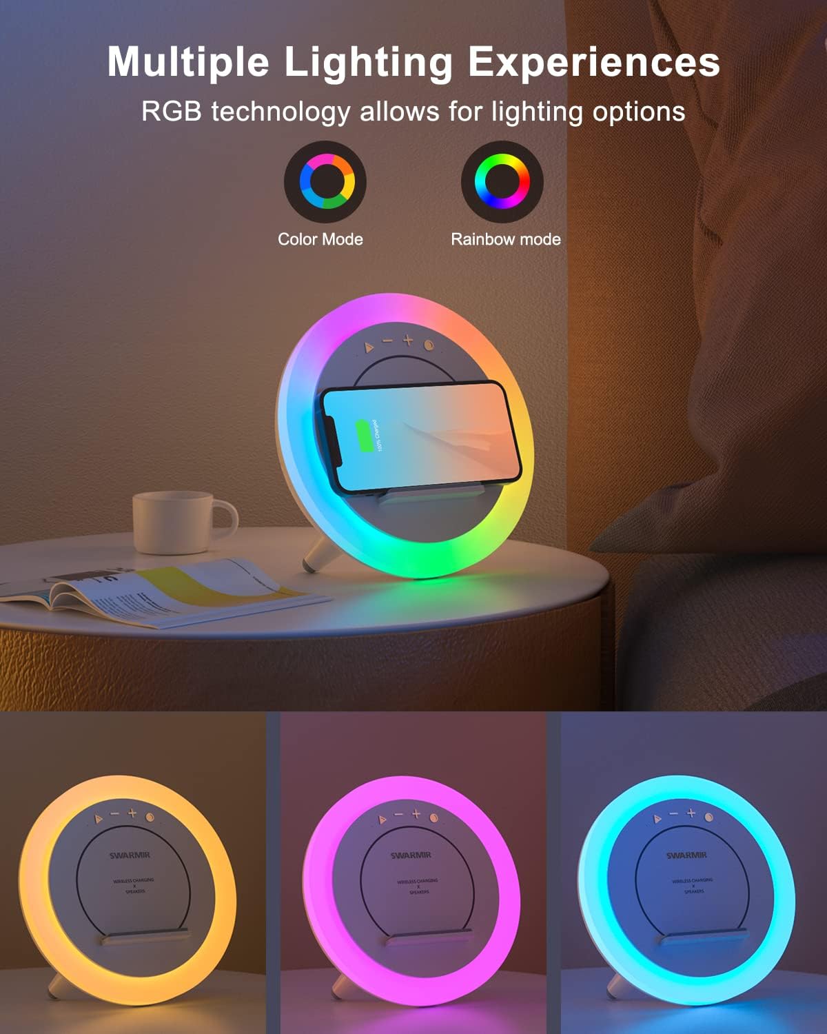 Bluetooth Speaker with Lights, Wireless Charging Speaker, Dimmable Multi-Color Modern Night Lamp, Applicable for Bedroom/Teen Girl,Boy Gifts (5W Wireless Charging)