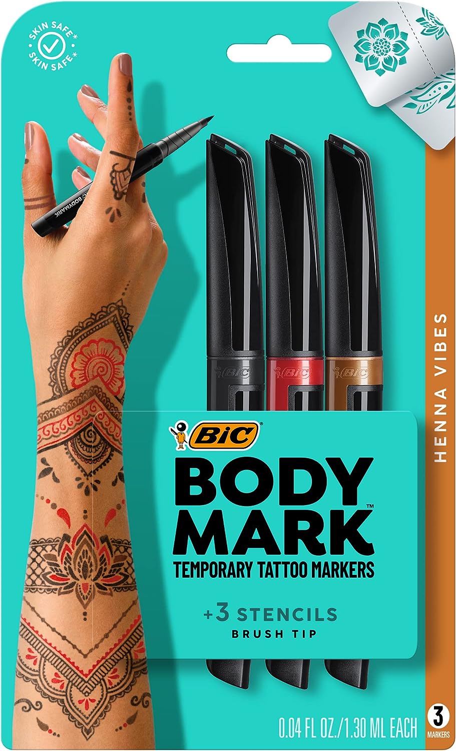 BodyMark by BIC, Temporary Tattoo Marker, Henna Vibes, Skin Safe, Brush Tip, Assorted Colours, 3-Count