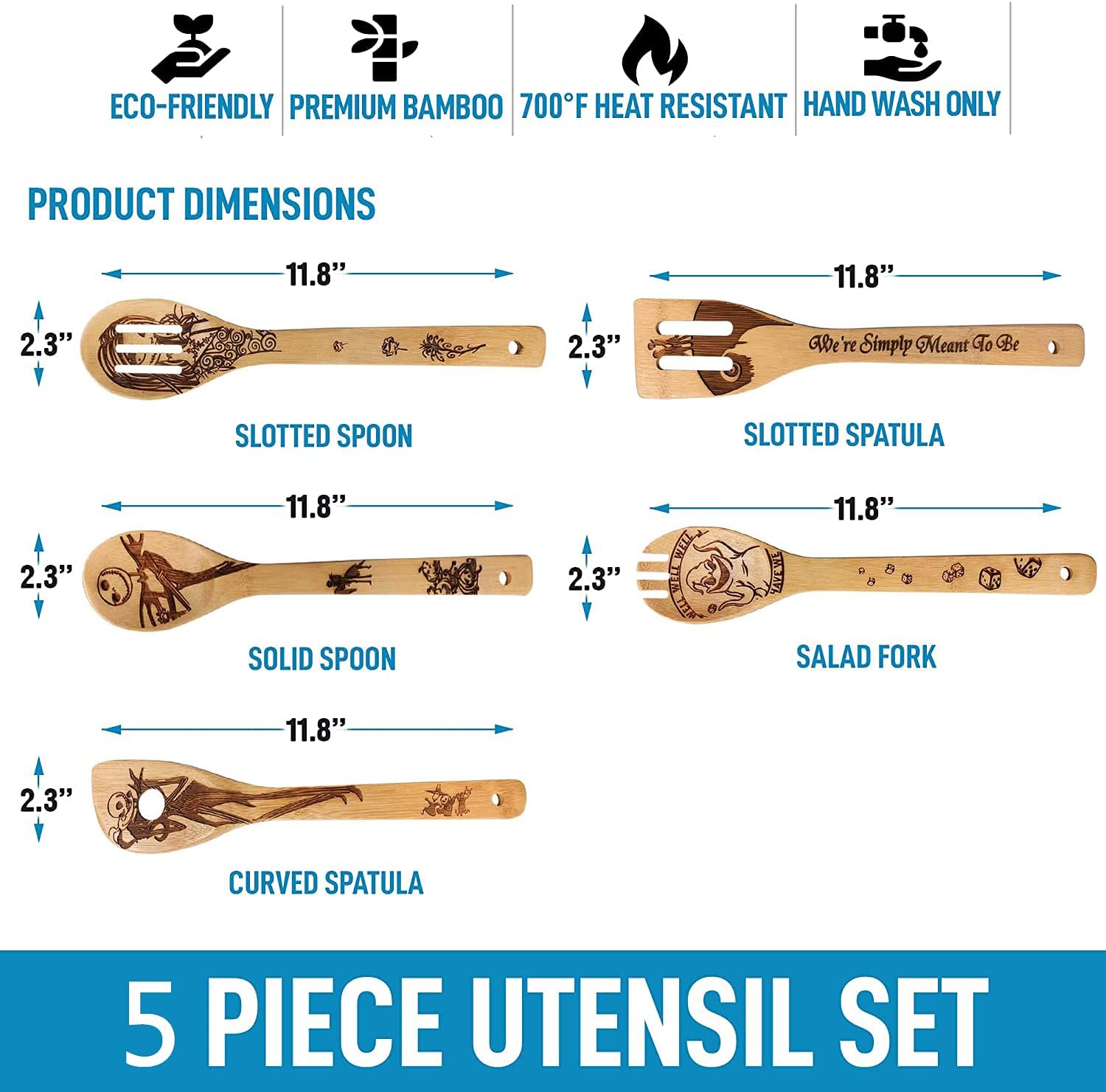 Burned Wooden Spoons Utensil Set, Nightmare Before Christmas Idea Gift Cooking Utensils Set, Non-Stick Bamboo Slotted Spoons Housewarming Wedding Present 5 Piece