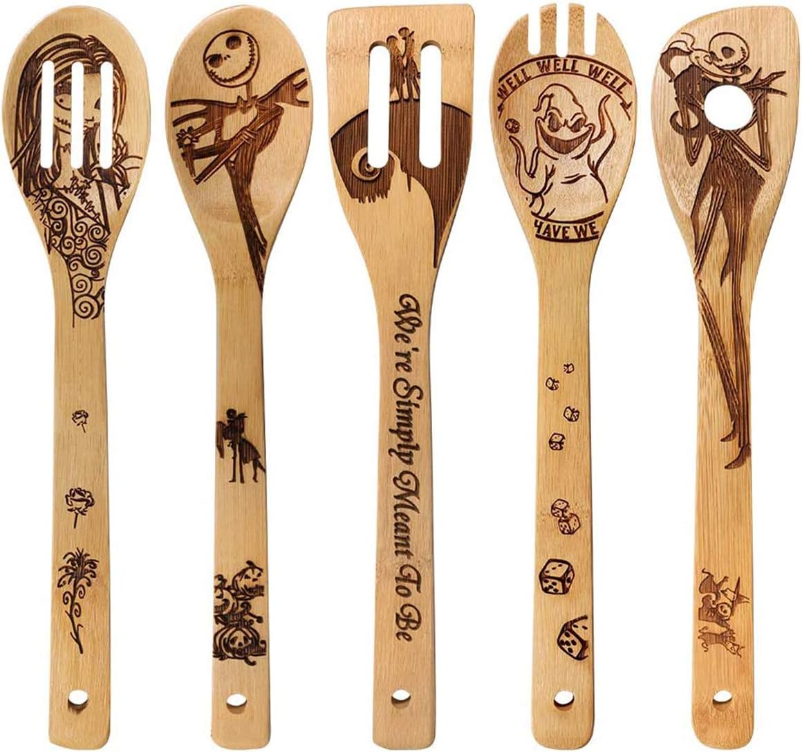 Burned Wooden Spoons Utensil Set, Nightmare Before Christmas Idea Gift Cooking Utensils Set, Non-Stick Bamboo Slotted Spoons Housewarming Wedding Present 5 Piece