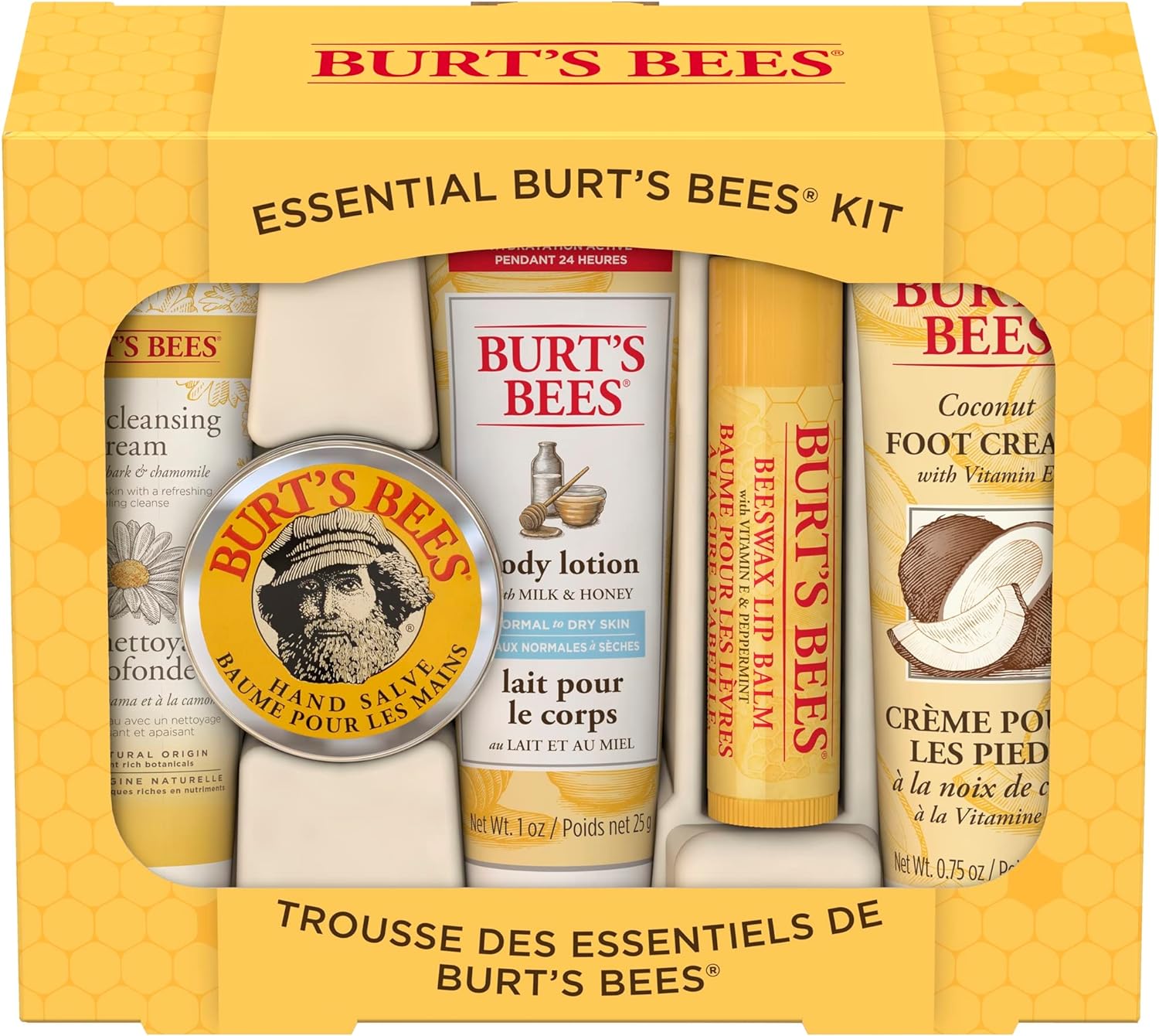 Burts Bees Essential Kit, Deep Cleansing Cream, Hand Salve, Body Lotion, Foot Cream  Lip Balm, Travel Size, 5 Essential Products