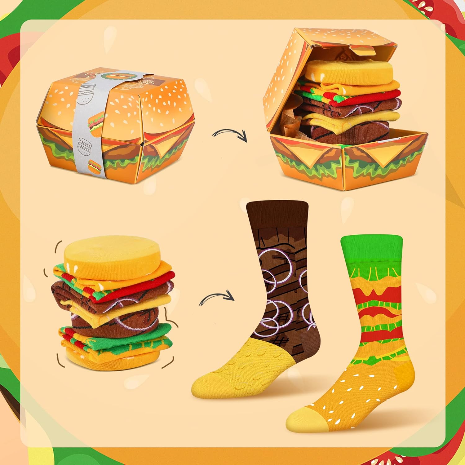 Funny Food Burger Socks Box - Novelty Funny Food Socks Birthday Gag Christmas Gifts for Men Women Teen Boys