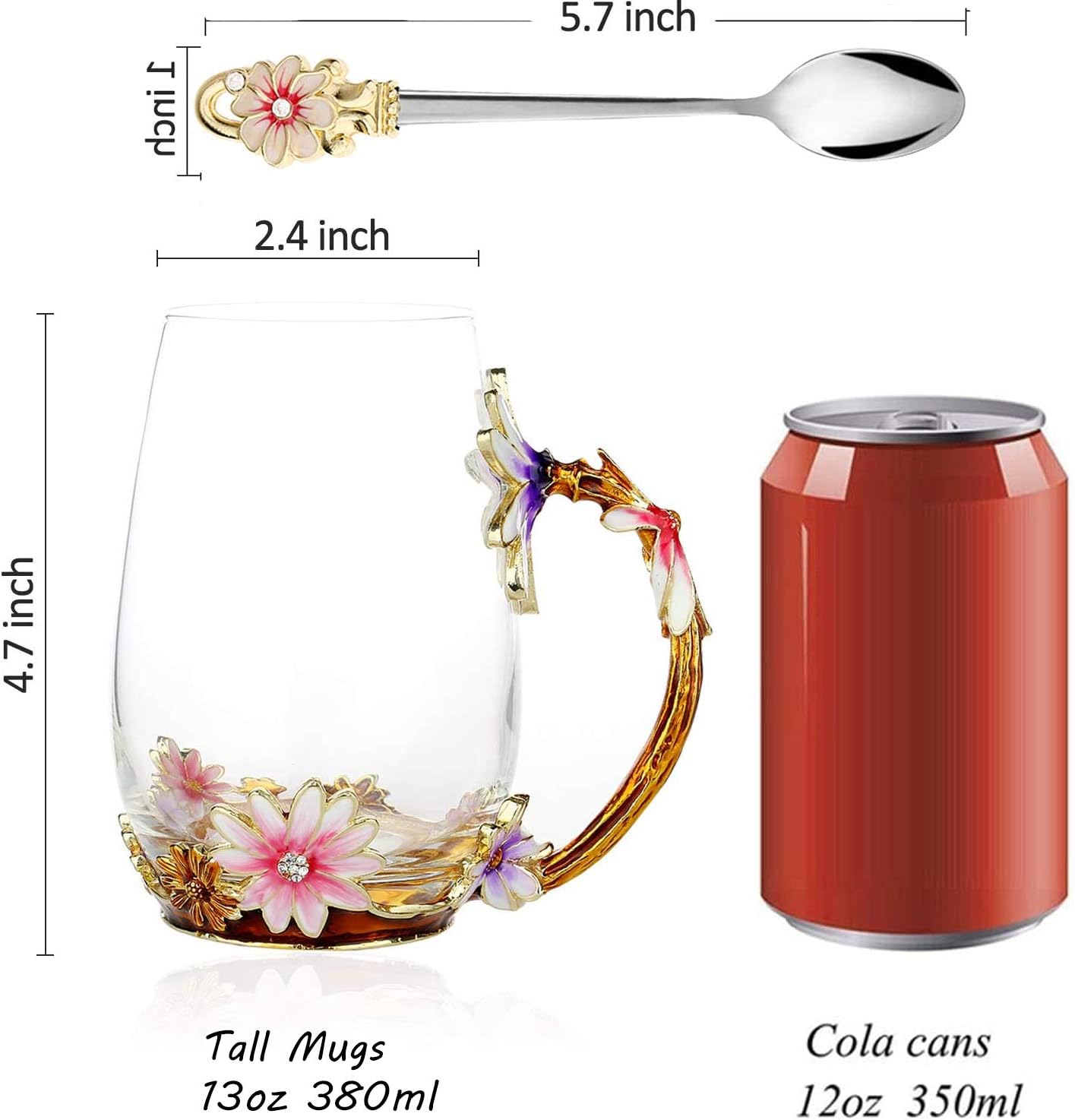 Glass Tea Cup, Mothers Day Gift Handmade Enamel Daisy Flower Coffee Cup Set with Handle, Unique Personalized Birthday Gift Ideas for Women Grandma Mom Female Friend Teachers(Daisy Pink- Tall)
