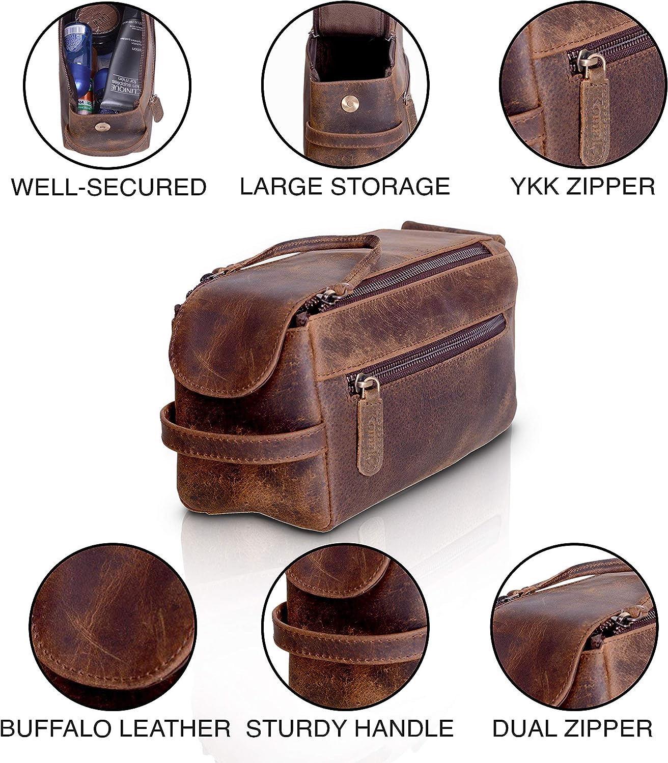 Premium Buffalo Leather Unisex Toiletry Bag Travel Dopp Kit Shaving kit (Distressed Tan)