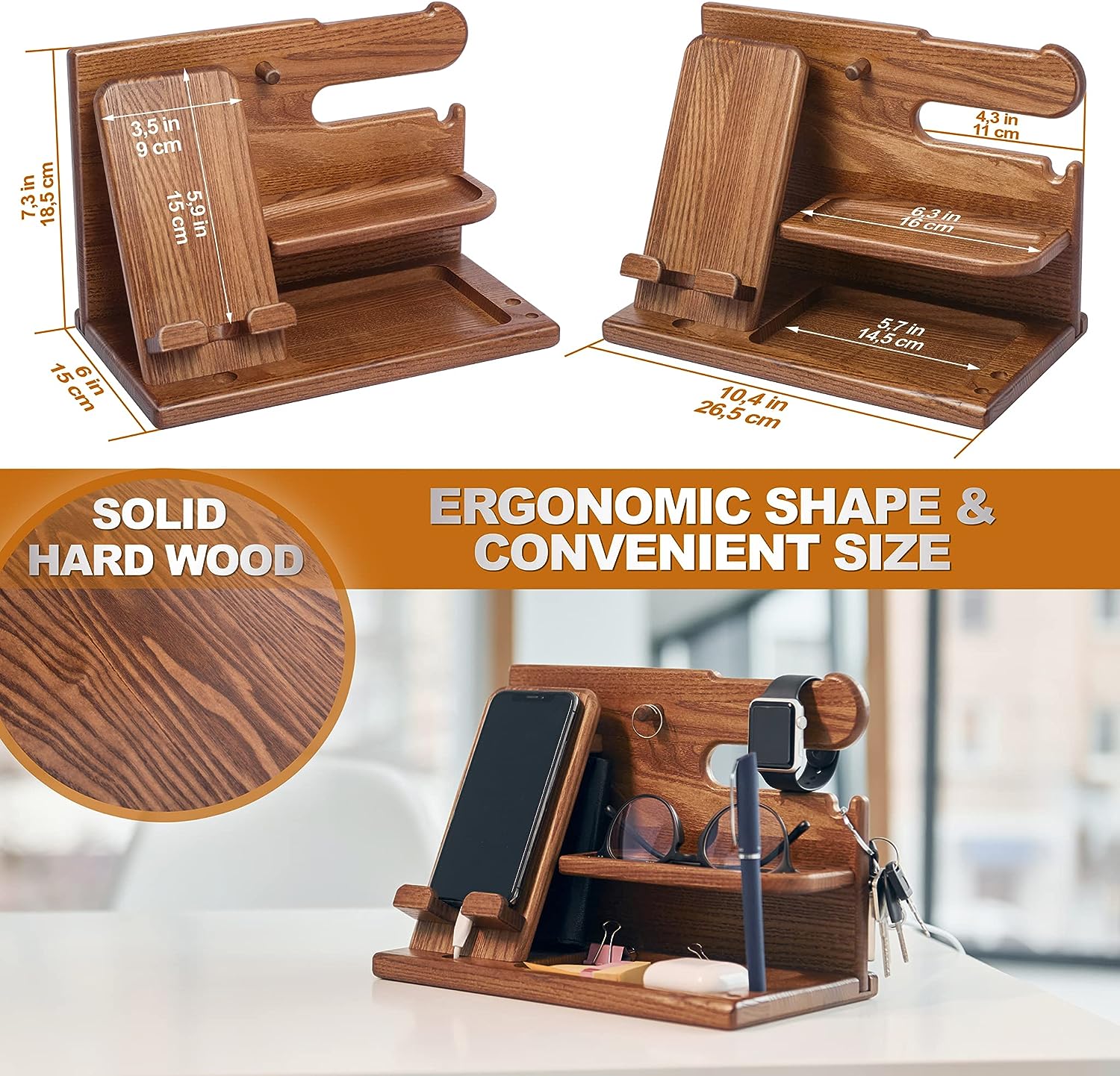 thumbnail image 2 of TESLYAR Wood Rotating Phone Dock - Charging Station Organizer With Watch Charger, Key & Wallet Holder 2 of 12