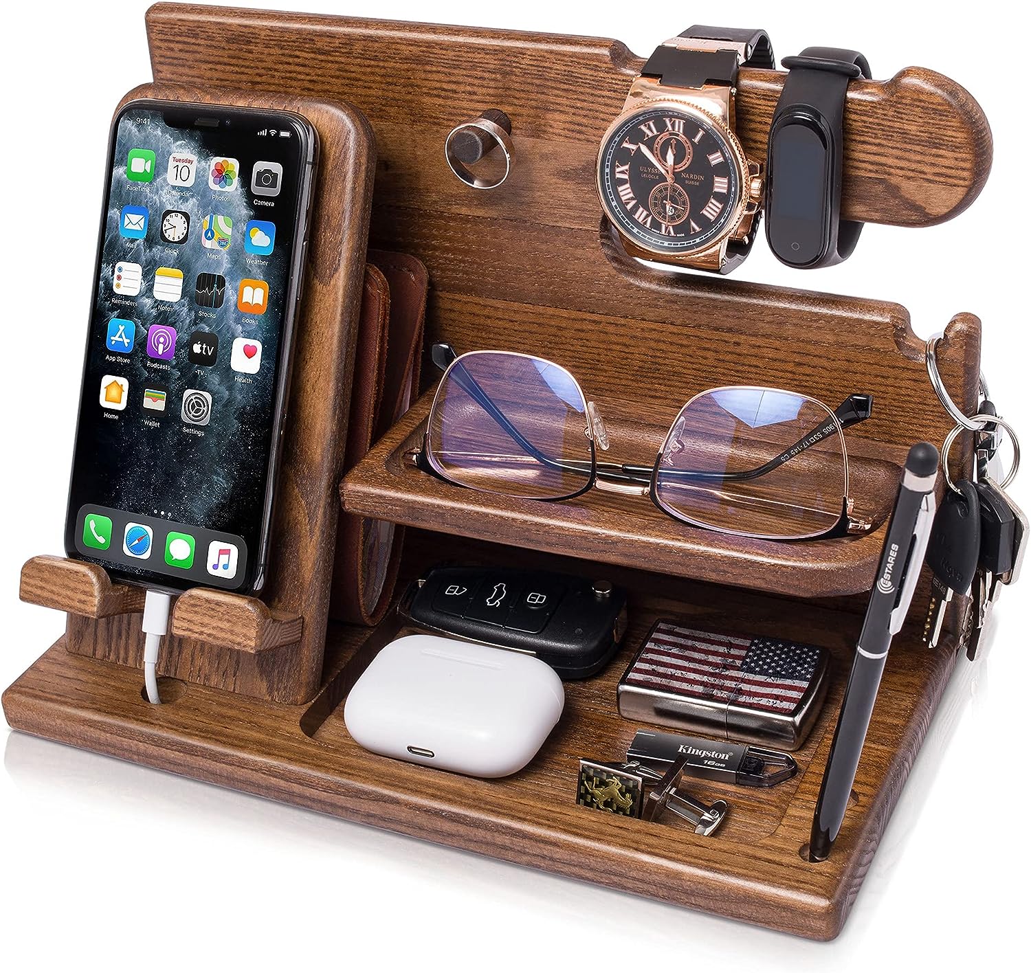 TESLYAR Gifts for Men Wood Phone Docking Station Fathers Gift Nightstand Desk Organizer Gifts for dad Gifts for him Birthday Anniversary Xmas Gifts Mens Gift Ideas Key Holder Wallet Stand (Beige)