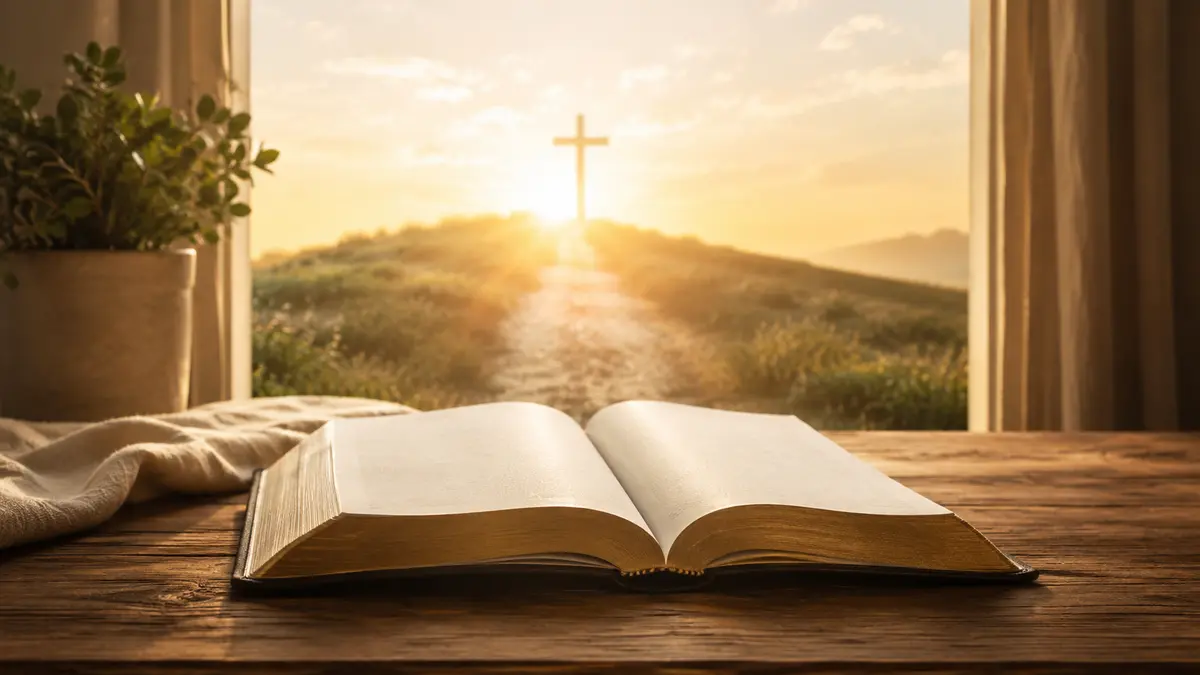 Open Bible and cross symbolizing God's promises fulfilled in Jesus Christ