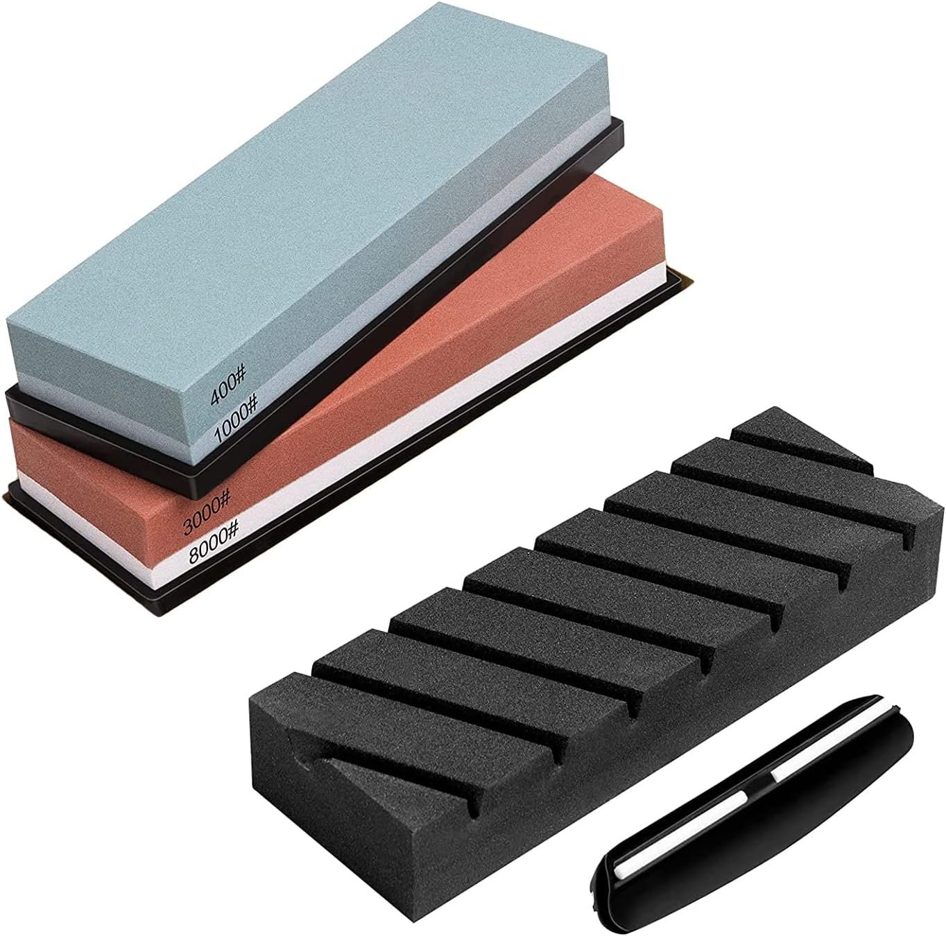 HOSOM Whetstone Knife Sharpener Kit, 400/1000 3000/8000 Japanese Sharpening Stone, Wet Stone for Sharpening Kitchen Knives with Non-slip Bamboo Base, Flatting Stone and Angle Guide