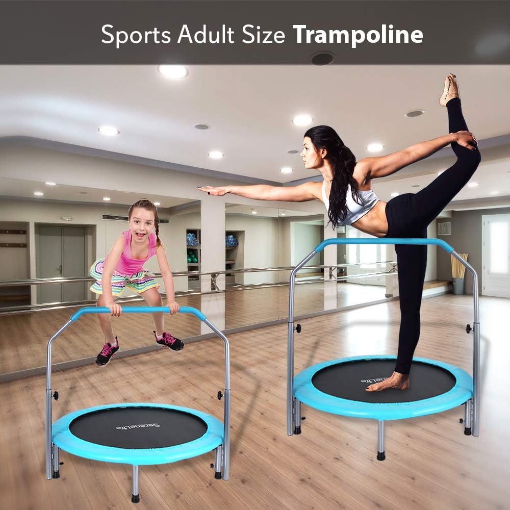 SereneLife Portable  Foldable Trampoline - 40 in-Home Mini Rebounder with Adjustable Handrail, Fitness Body Exercise, Springfree Safe for Kids - SLELT403