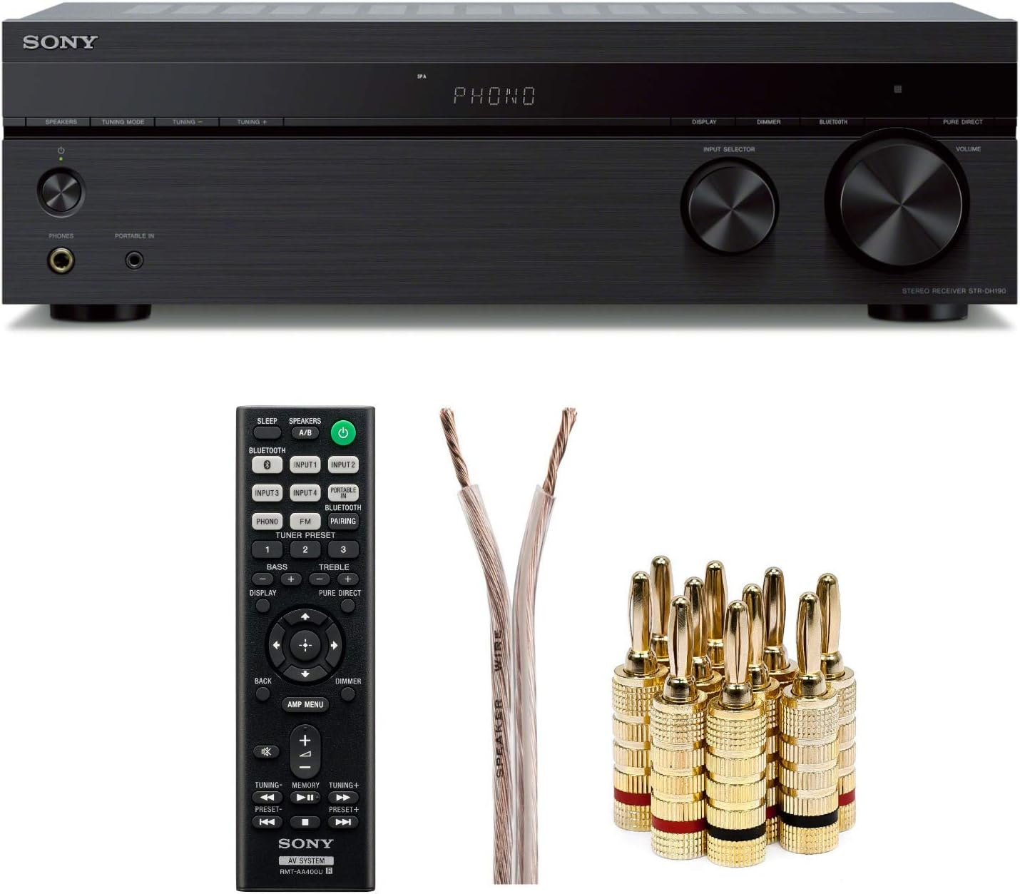 Sony STRDH190 2-ch Stereo Receiver with Phono Inputs Bluetooth with 100ft of Speaker Wire and 5 Pairs of Banana Plugs