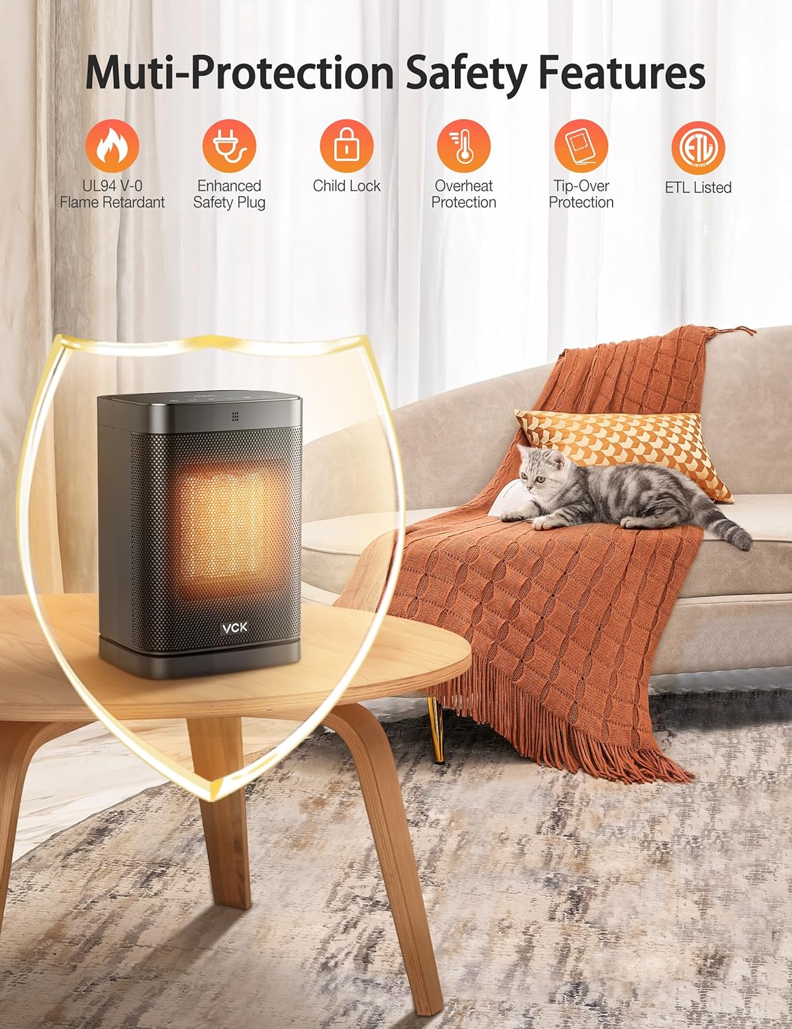 Space Heater,VCK 24 12ft/s Fast Quiet Heating Portable Electric Heater with Remote, Night Light,80° Oscillation,4 Modes,OverheatingTip-Over Protection, Ceramic Heater for Bedroom,OfficeIndoor Use