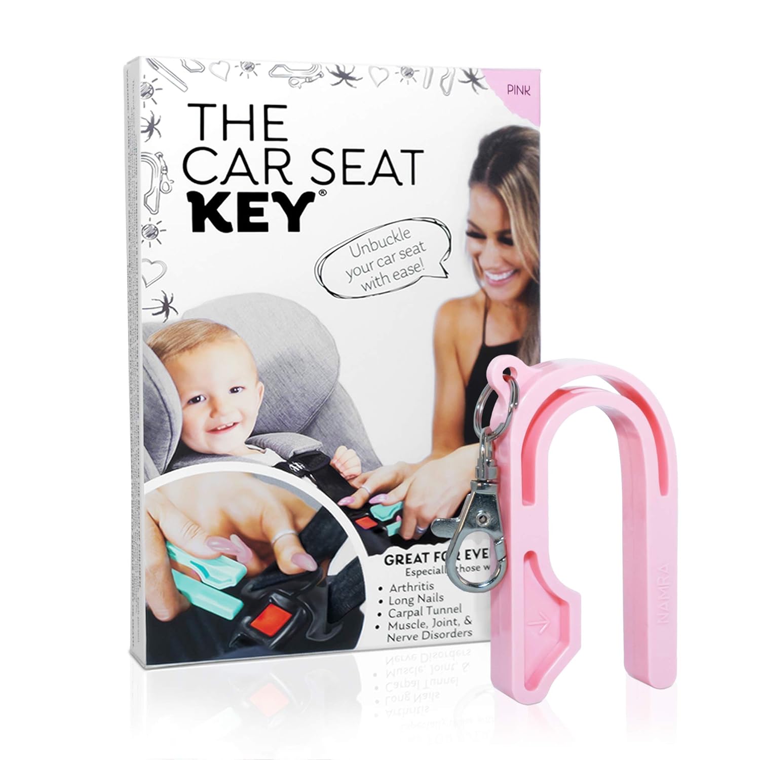 The Car Seat Key - Original Car Seat Key Chain Buckle Release Tool - Easy Unbuckle Opener Aid for Nails, Parents, Grandparents Older Children by NAMRA Made in USA (Pink)