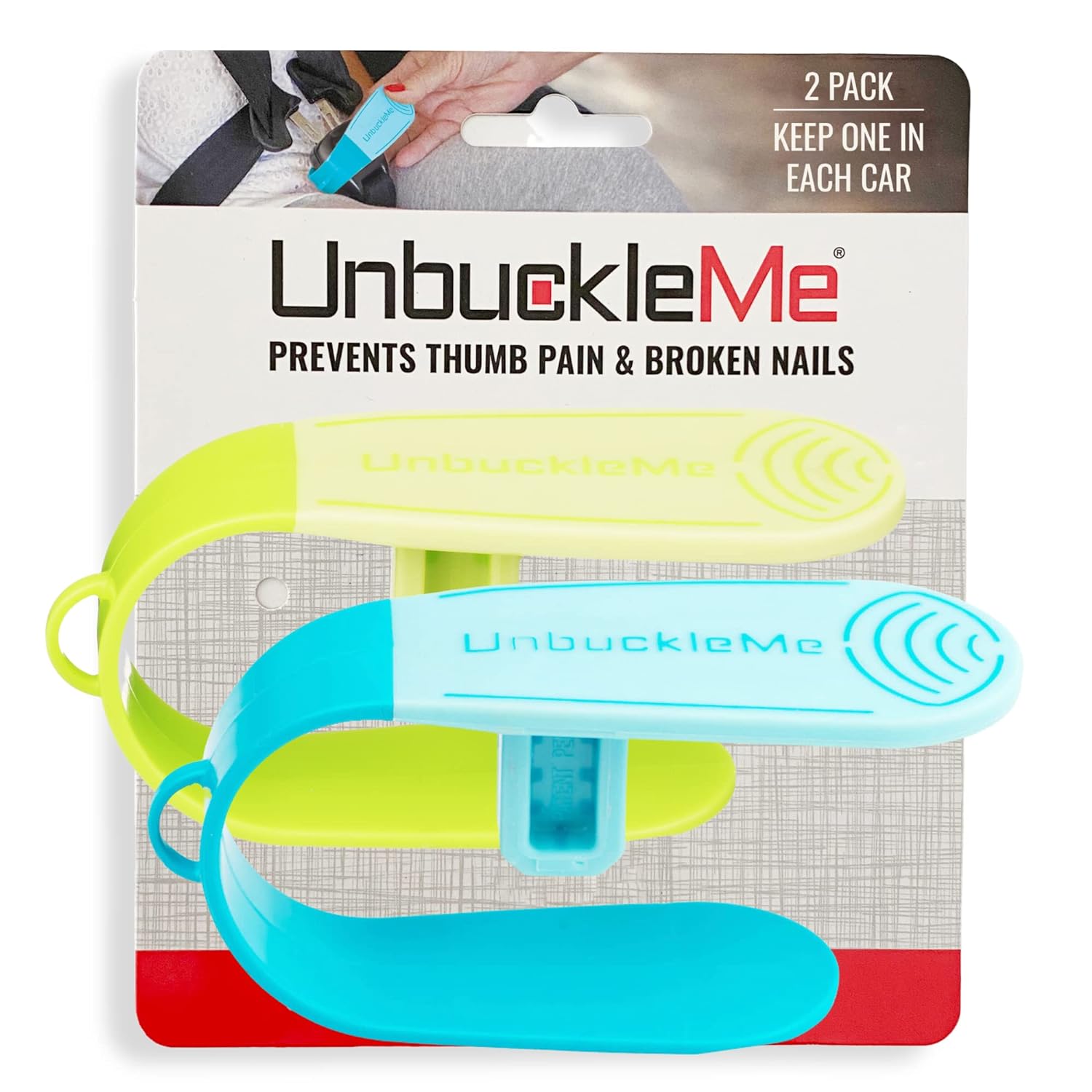 UnbuckleMe Car Seat Buckle Release Tool (As Seen on Shark Tank) - Easy Opener Aid for Arthritis, Long Nails, Older Kids - Button Pusher for Infant, Toddler Car Seats (2 Pack, Blue Lime Green)