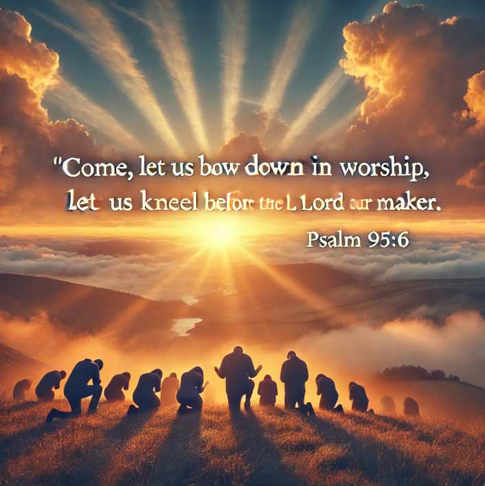 Psalm 95:6 in the New International Version (NIV):

"Come, let us bow down in worship, let us kneel before the Lord our Maker;"