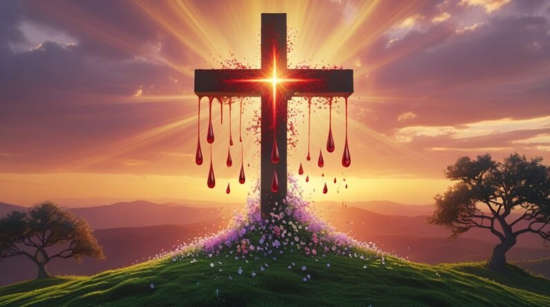 Leonardo Phoenix 10 A majestic cross stands tall on a lush gre 0