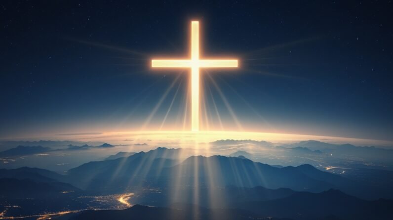 Leonardo Phoenix 10 A radiant glowing cross suspended in the d 0