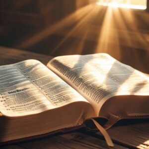 Leonardo Phoenix 10 A serene open Bible lies on a rustic woode 2