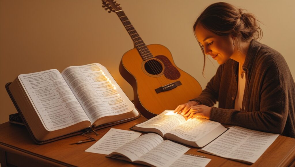 Turning Your Favorite Bible Verses into Worship Songs 3 Leonardo Phoenix 10 A Christian songwriter sits at a wooden de 1