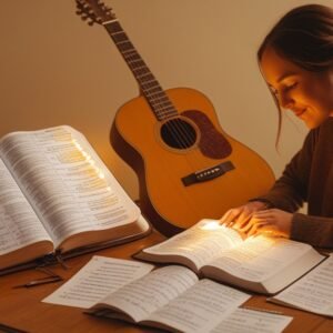 Leonardo Phoenix 10 A Christian songwriter sits at a wooden de 1