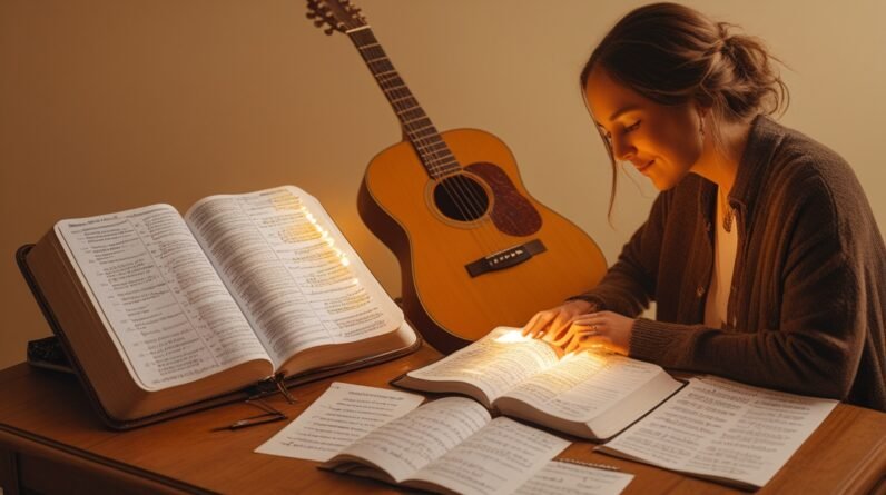 Leonardo Phoenix 10 A Christian songwriter sits at a wooden de 1