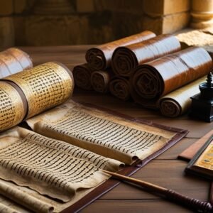 Leonardo Phoenix 10 Ancient worn leather scrolls with faded He 3