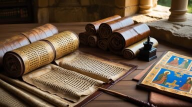 Leonardo Phoenix 10 Ancient worn leather scrolls with faded He 3