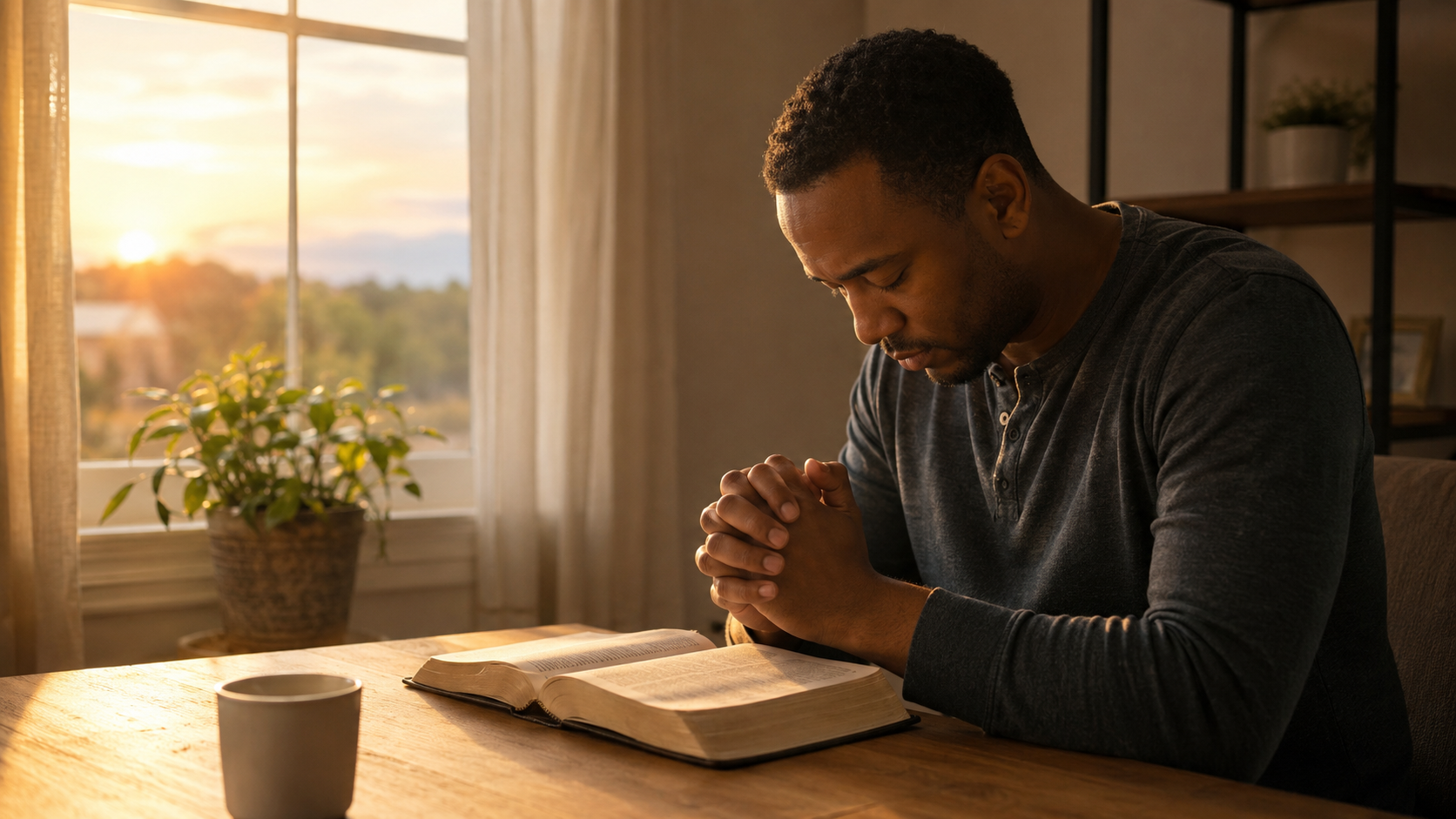 Christian praying beside an open Bible while surrendering life to God