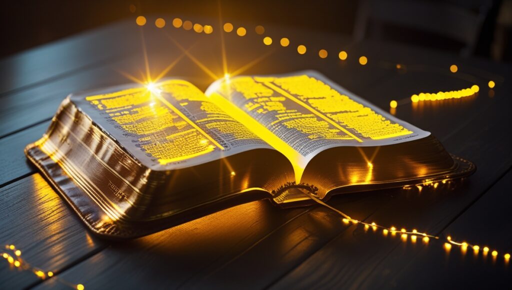 Bible Verses About Assurance of Salvation 2 Leonardo Phoenix 10 A radiant Bible lies open on a dark wooden 0