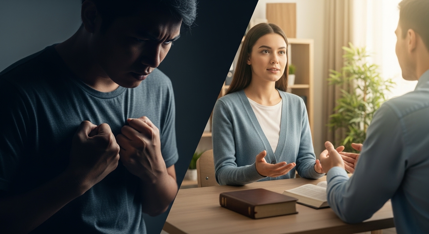 "Person moving from anger to healing through counseling."