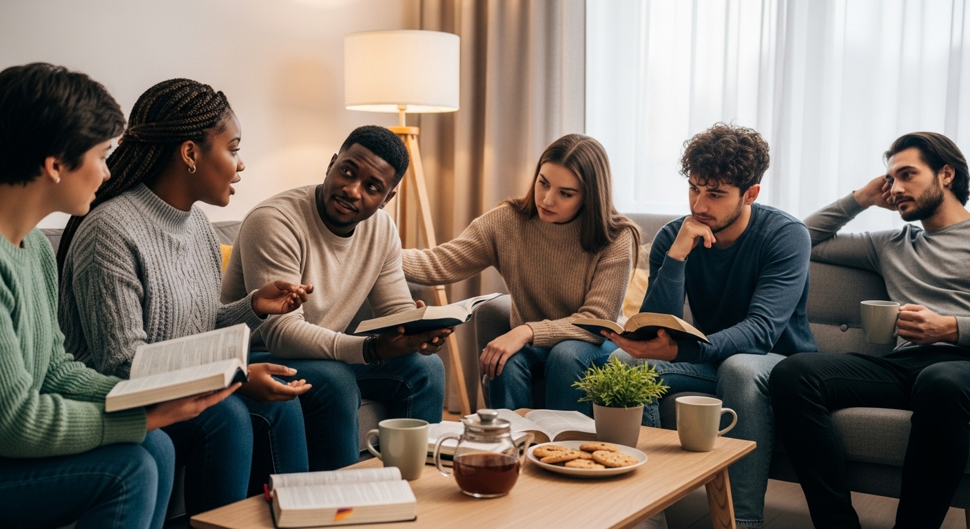 "Small Christian community in Bible study supporting one another."