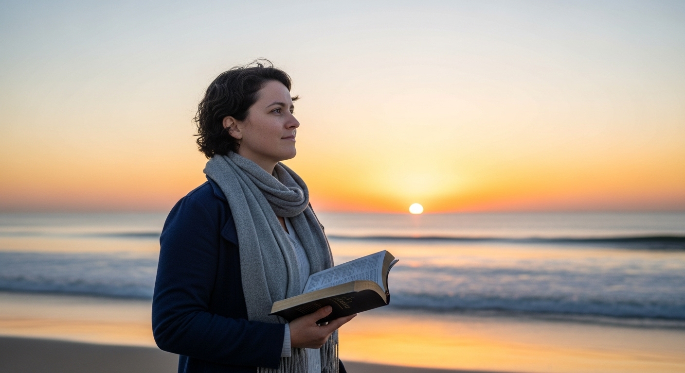 "Person holding Bible at sunrise contemplating next steps with calm determination."