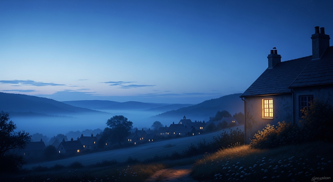 A calm night sky over a quiet village with a single warm light in a window — soft blues and golds to convey peace.