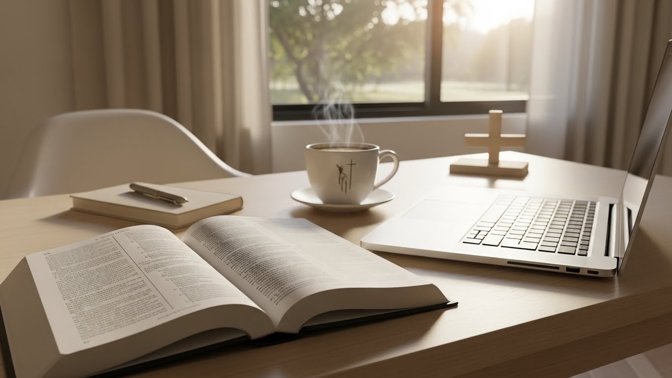 Christian blogging workspace with Bible and laptop