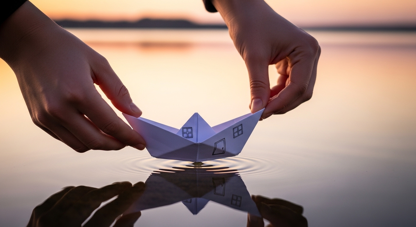 Close-up of hands releasing a small paper boat into calm water