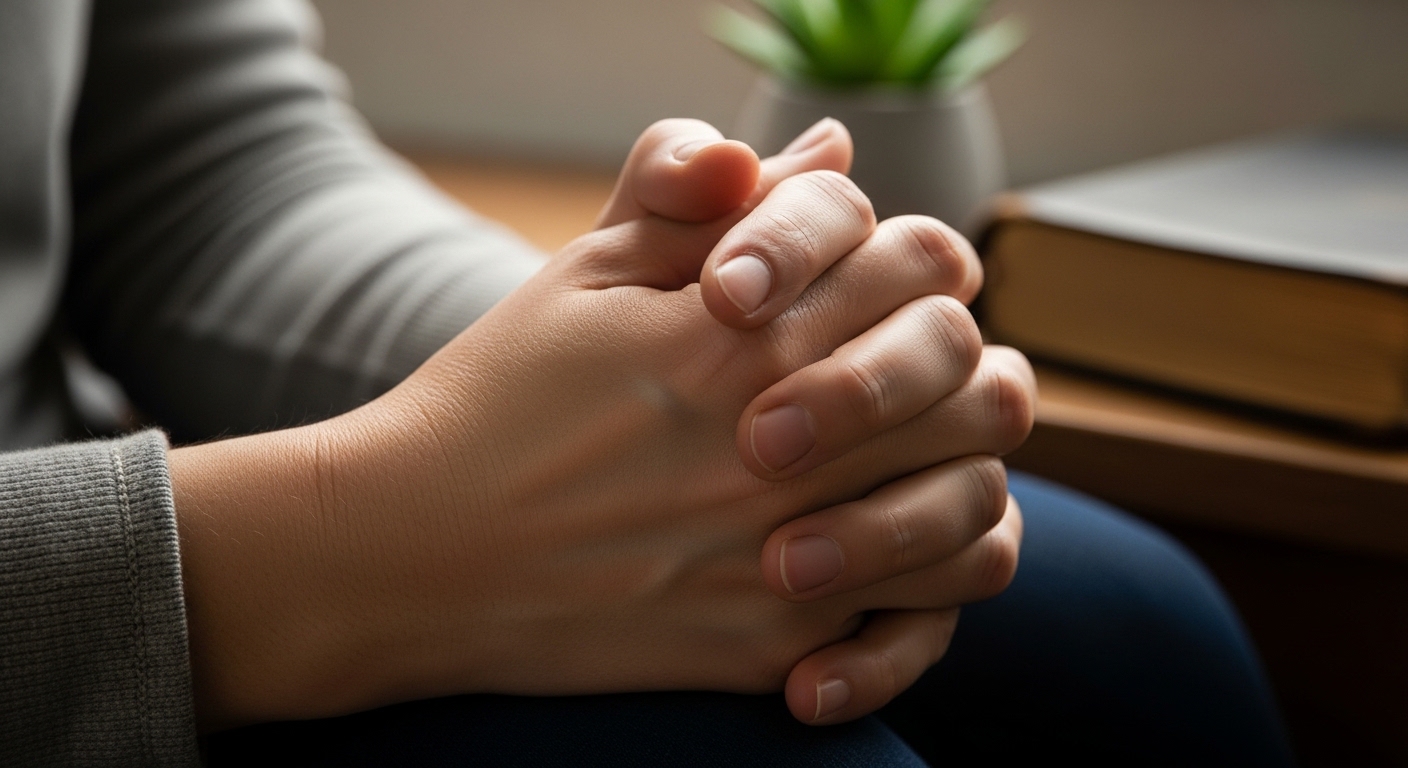 When Anxiety Feels Overwhelming: Trusting God One Day At A Time 2 Clasped hands resting on a lap with a Bible nearby