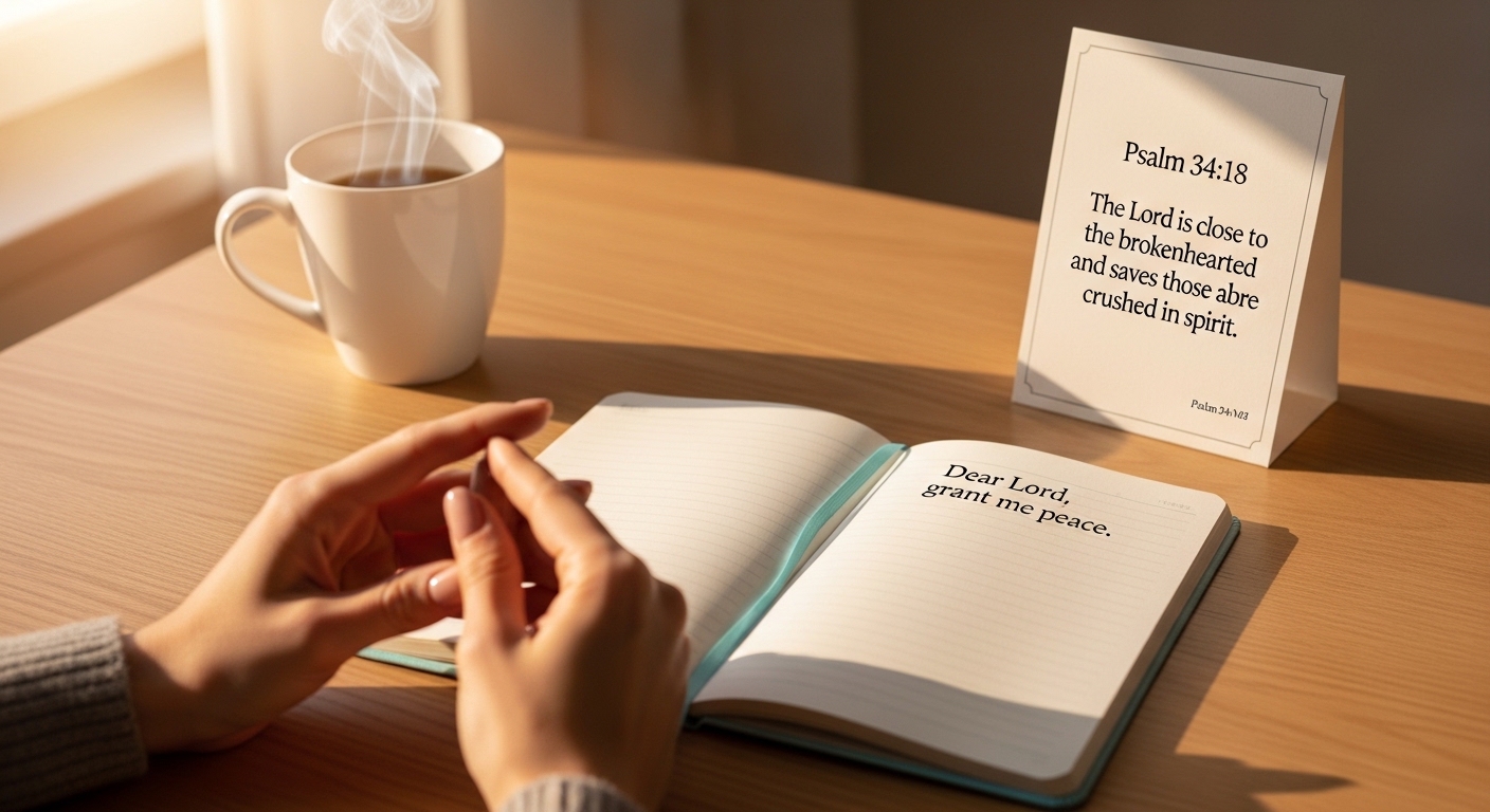 When Anxiety Feels Overwhelming: Trusting God One Day At A Time 3 Notebook with a short prayer and verse card beside a cup of tea