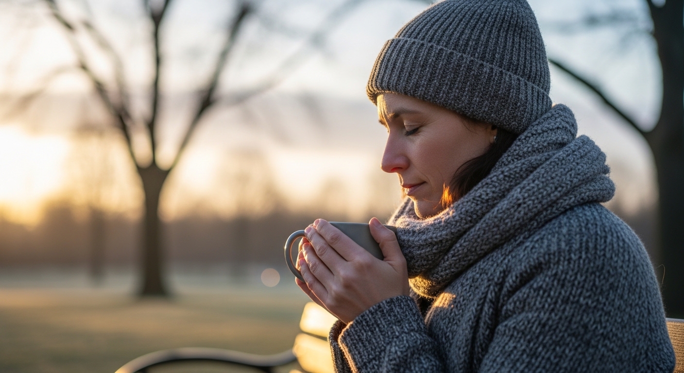 When Anxiety Feels Overwhelming: Trusting God One Day At A Time 1 Person in soft morning light holding a mug and praying quietly on a park bench