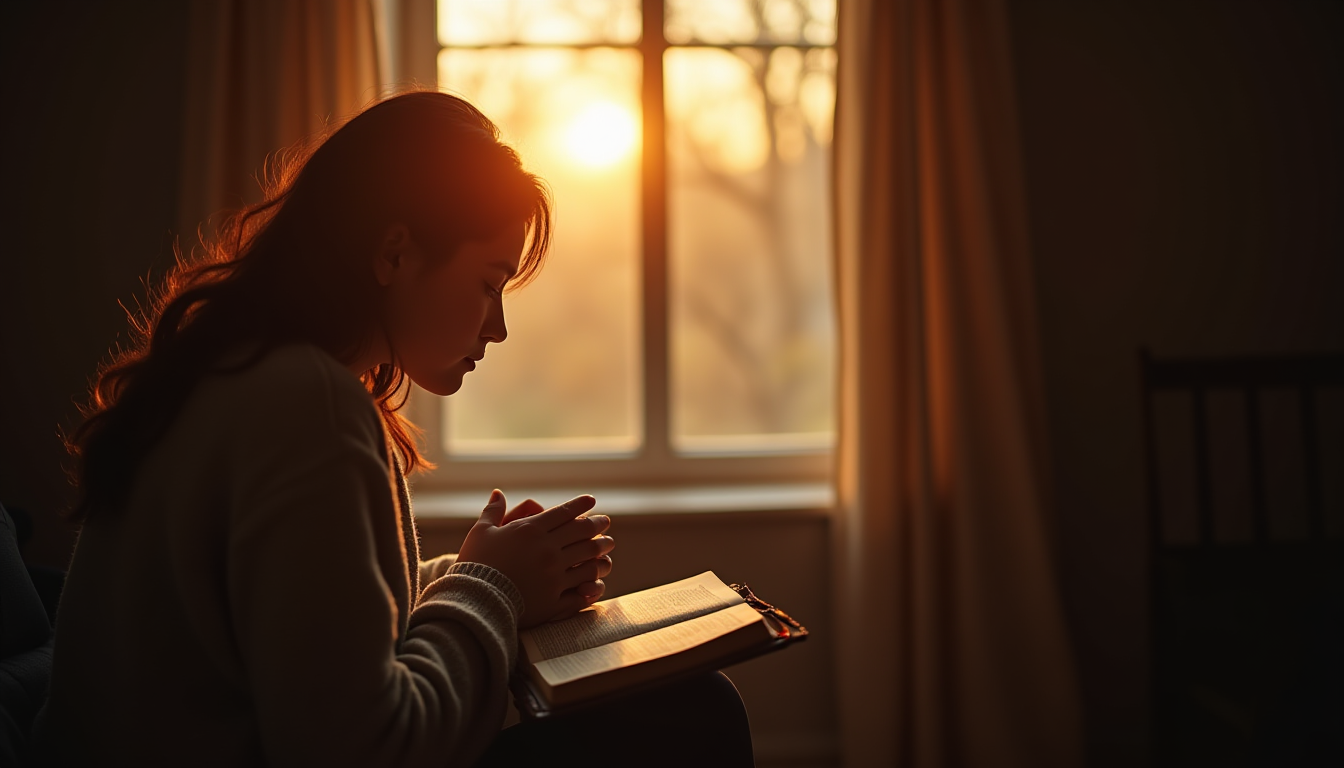 What To Pray When You Don’t Know What To Say 1 "Person in quiet morning prayer beside an open Bible, soft dawn light."