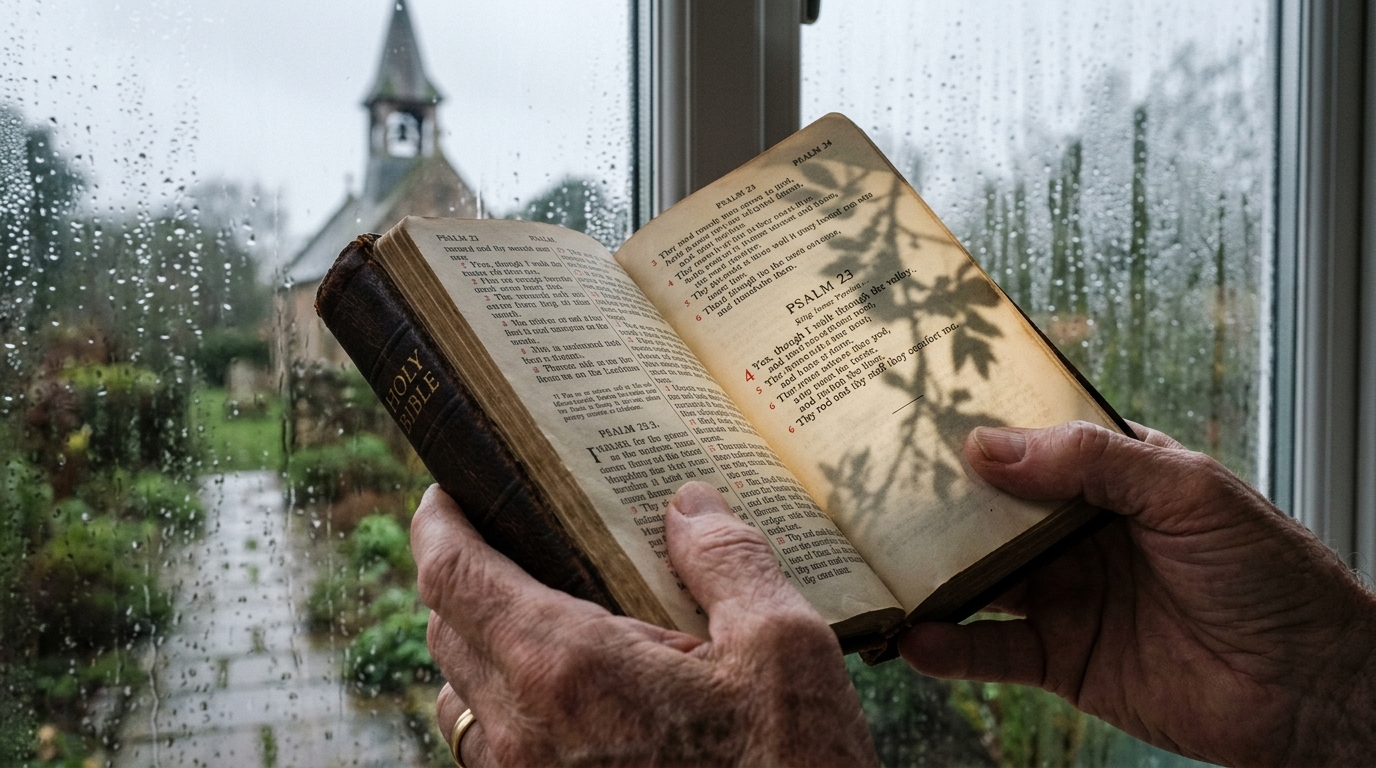 Hands holding Bible faint shadow 202605010800